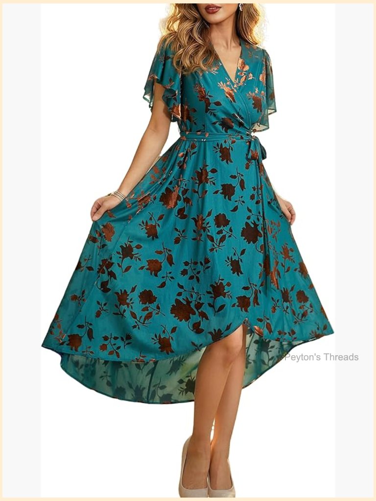 V Neck Wrap Velvet Floral Cocktail Midi Dress For Wedding Guest